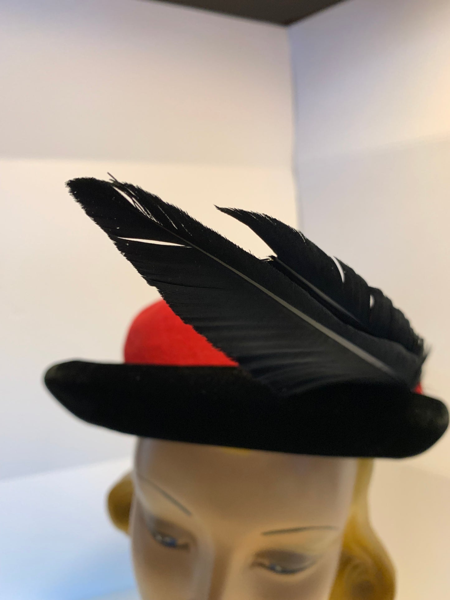 Red Felted Wool Mini Bowler Hat with Black Feather circa 1940s