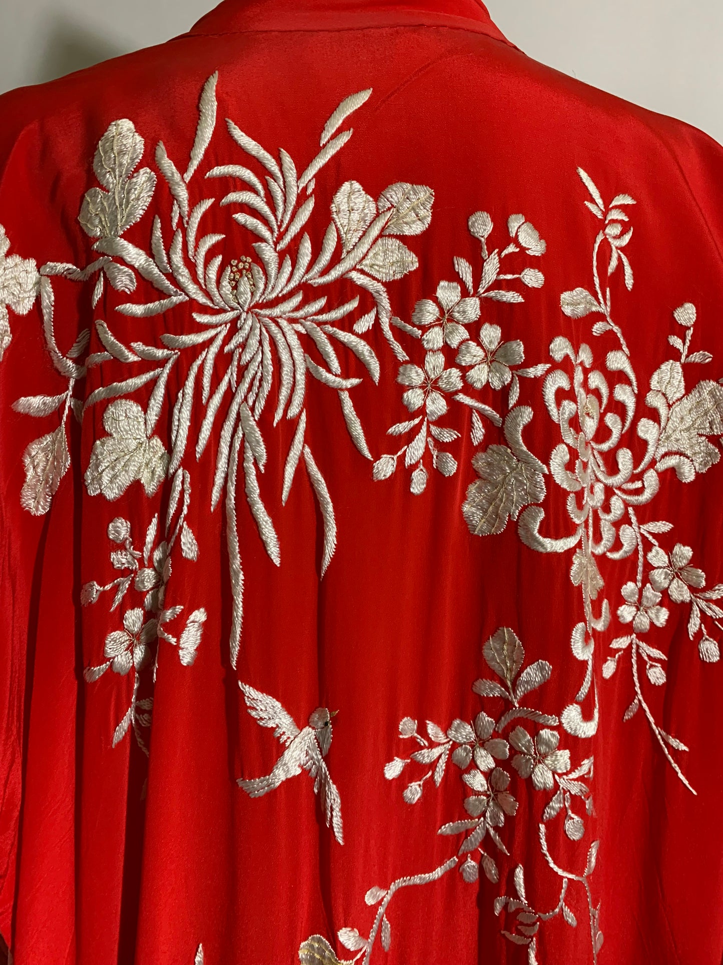 Red Rayon Kimono with White Flowers and Birds Embroidery circa 1970s