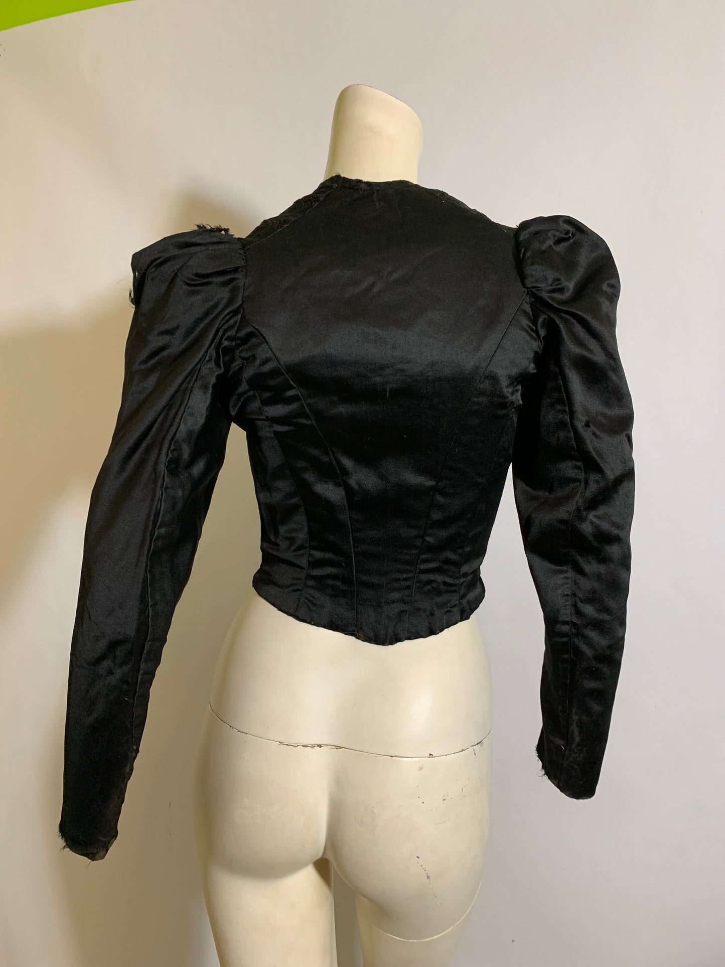 Black Silk Hook Front Puff Shoulder Bodice circa 1890s