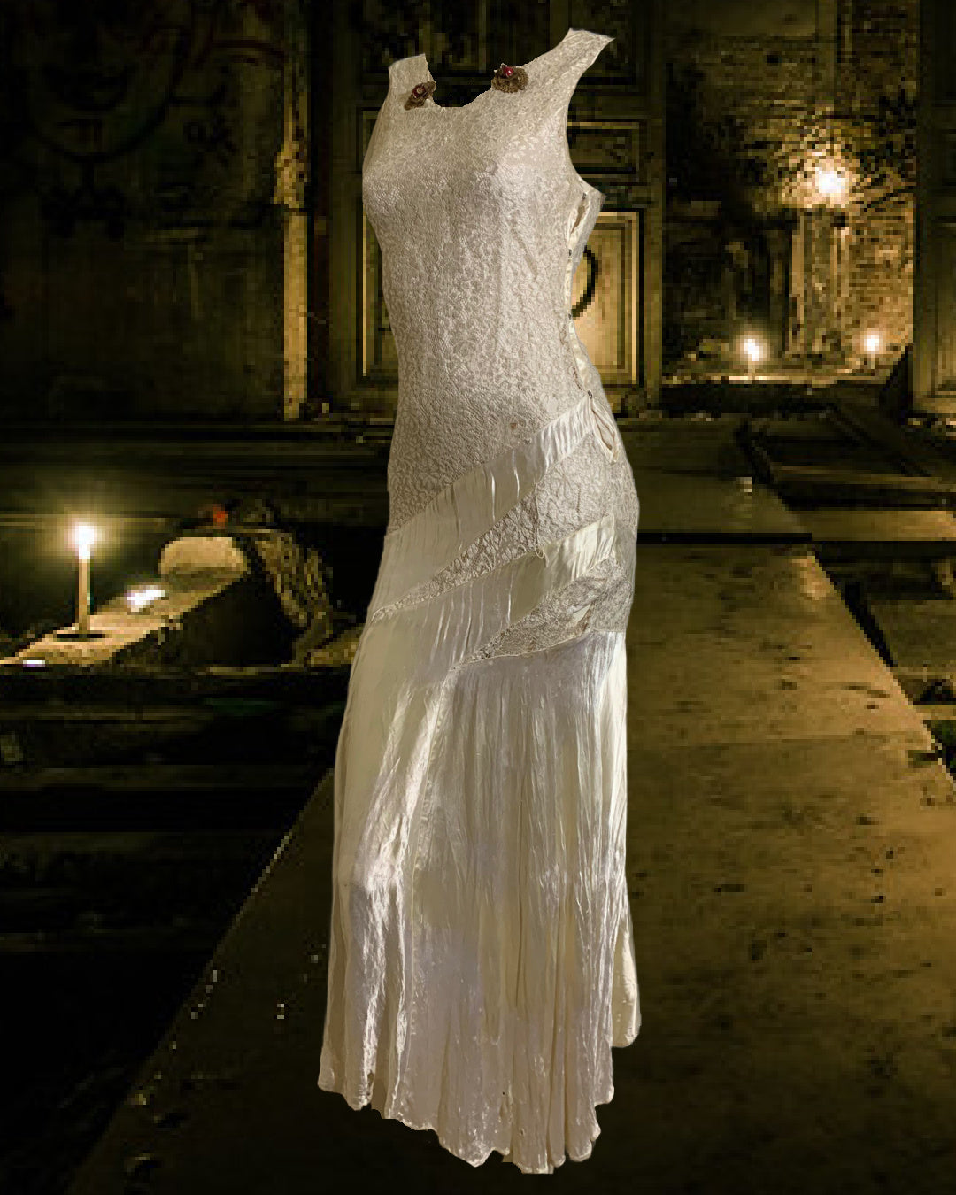 White Bias Cut Satin and Lace Dress circa 1930s