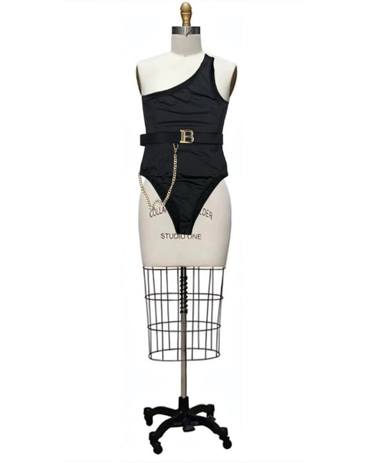 Bey- the One Shoulder Black Bodysuit with B Buckle