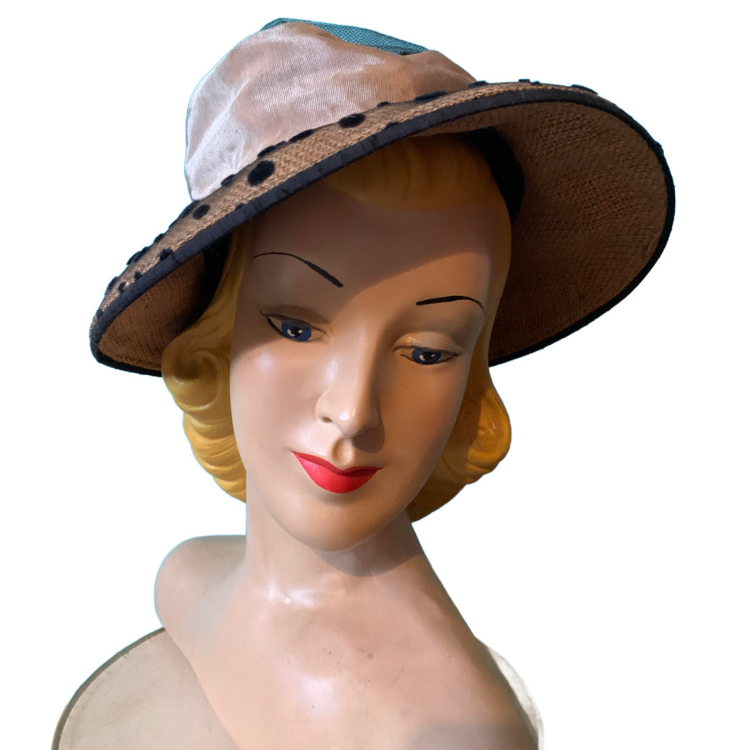 Burlap Brim Open Crown Hat with Black Polka Dot Netting circa 1940s