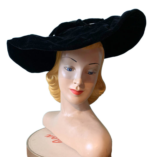 Black Velvet Hat with Wired Half Round Wide Brim circa 1940s