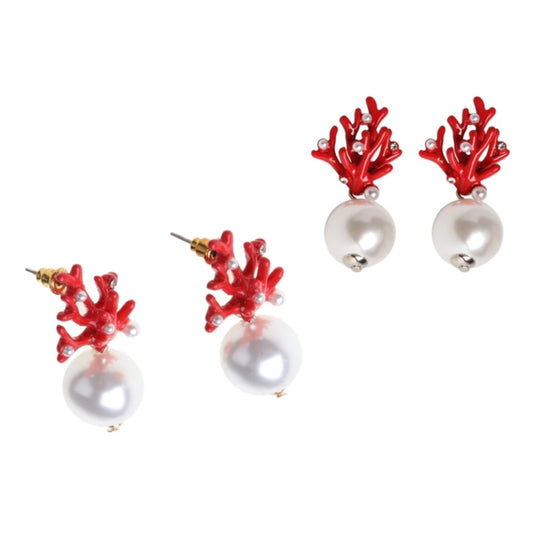 Branched- the Red Coral Look Faux Pearl Drop Earrings