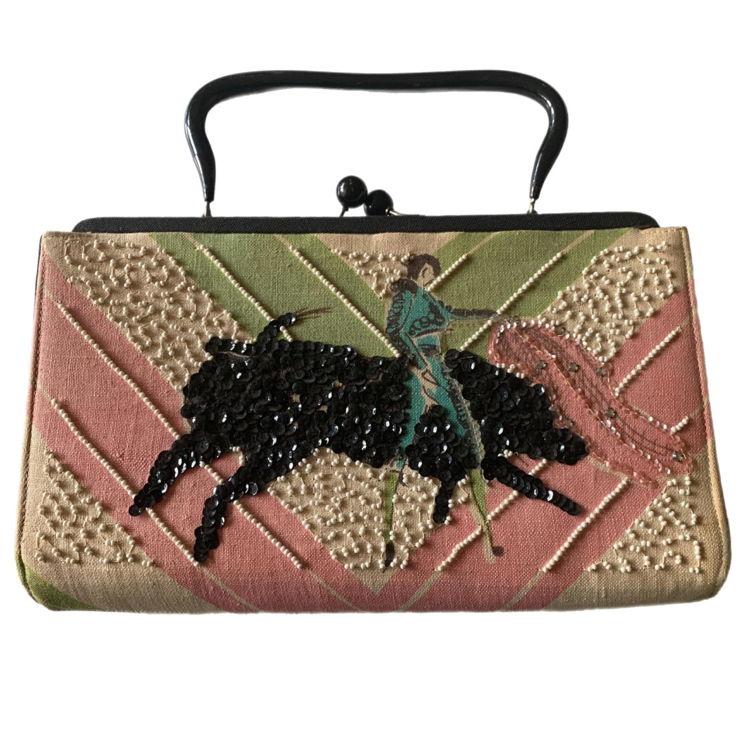 Rare Bullfighter Pink Green and Black Bullfighter "Tea Towel" Handbag circa 1950s