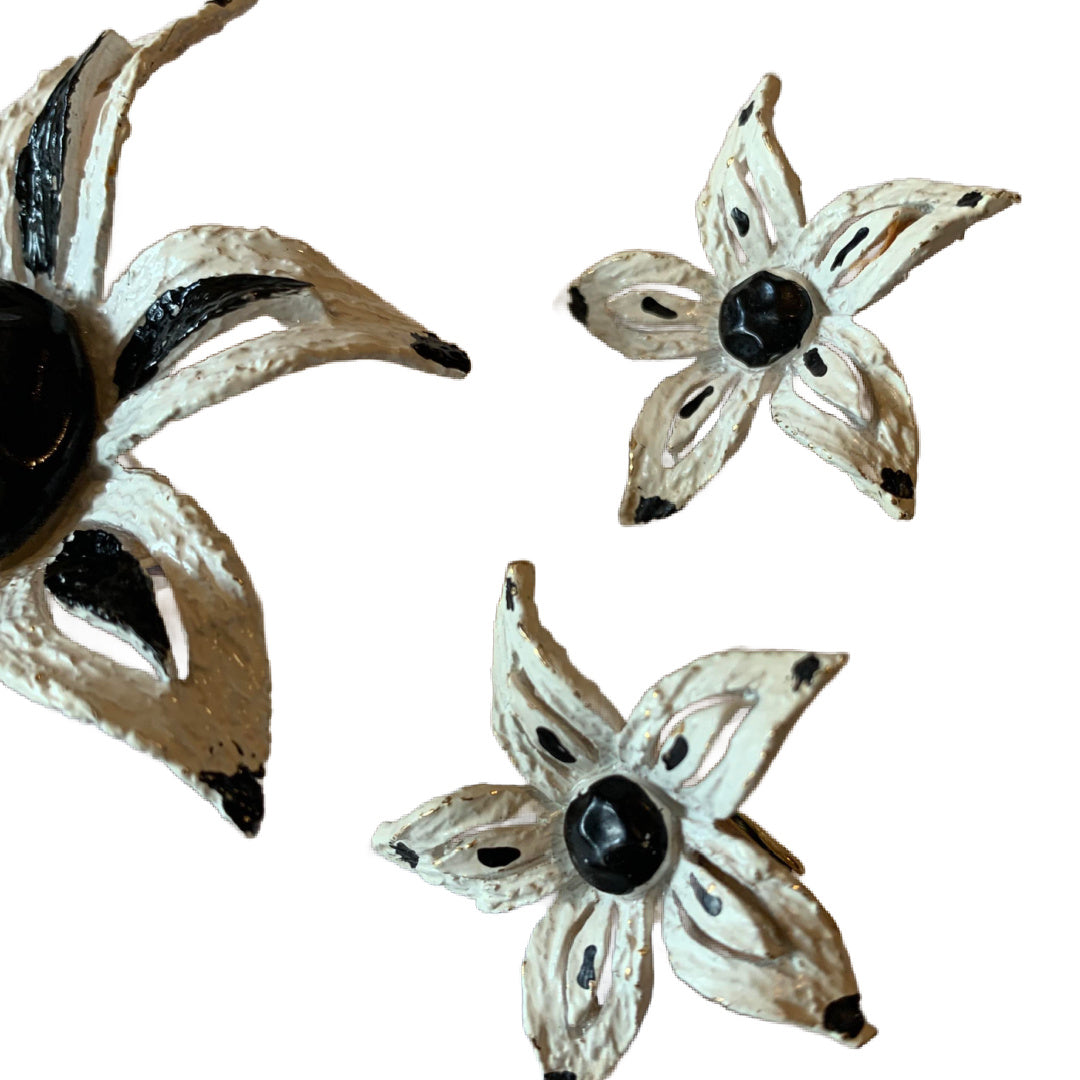 MOD Black and White Etched Metal Flower and Earrings Demi Set circa 1960s