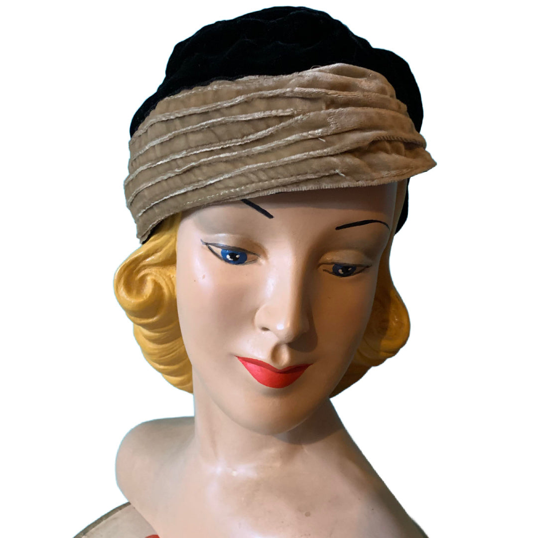 Silk Velvet Black and Golden Tan Close Fit Hat circa 1930s