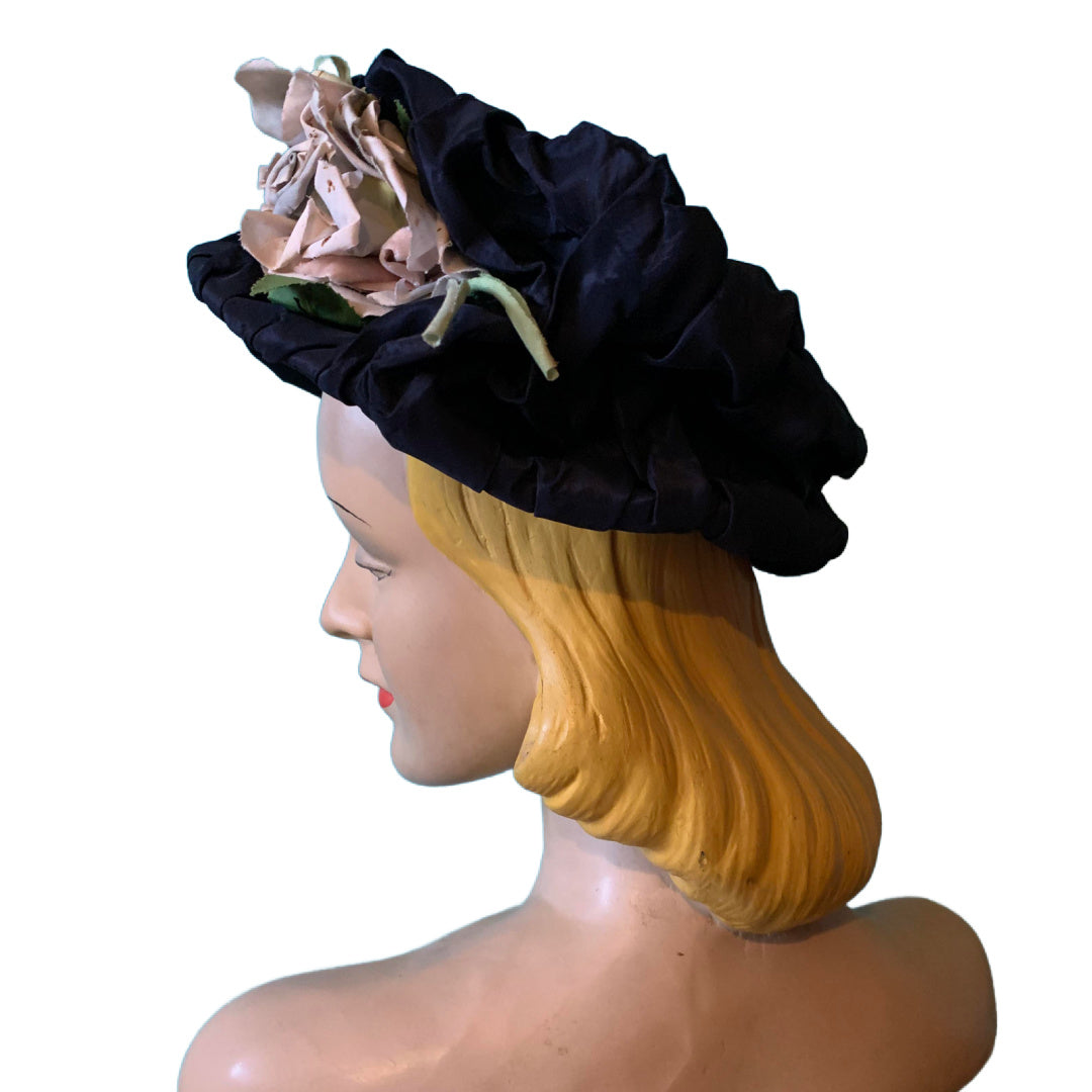 Deep Blue Taffeta Open Crown Hat with Roses circa 1940s