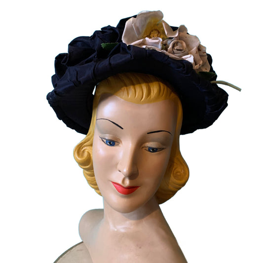 Deep Blue Taffeta Open Crown Hat with Roses circa 1940s