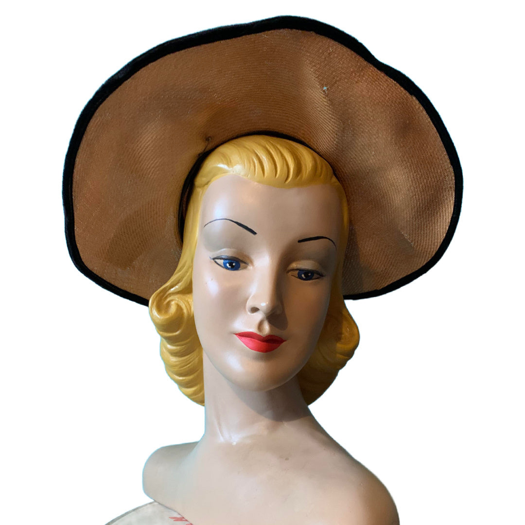 Wide Front Brim Straw Summer Hat with Velvet Flowers circa 1940s