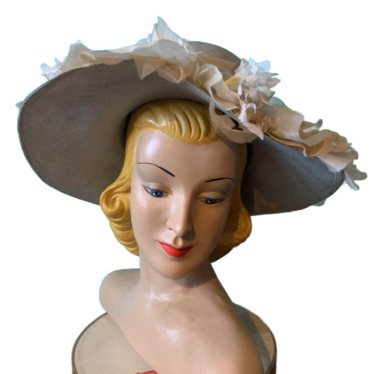 Cloud Grey Sisal Wide Brim Hat with Silk Flowers circa 1940s