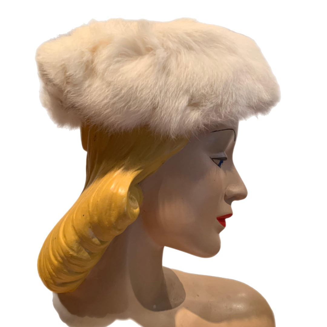 White Rabbit Fur Wintry Pill Box Hat circa 1960s