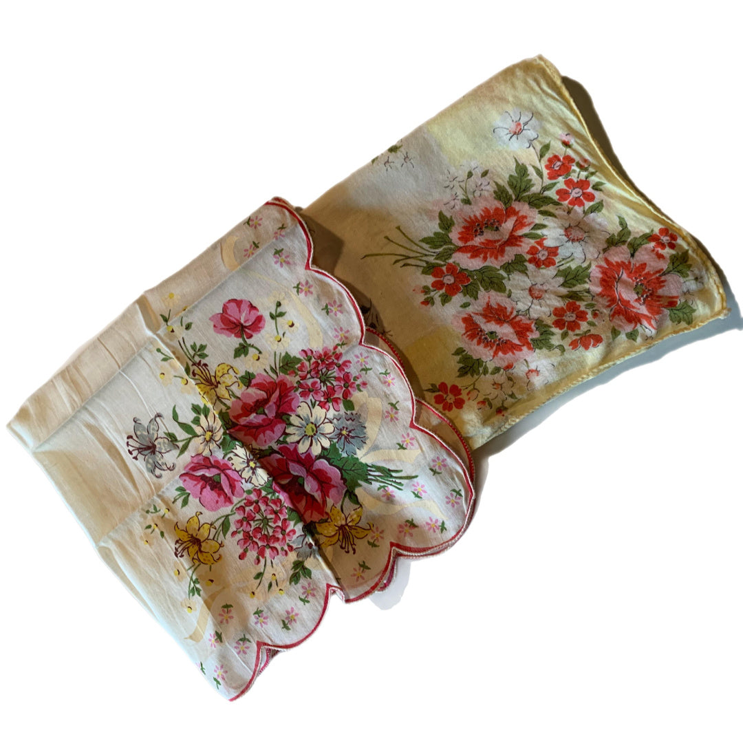 Pink and Yellow Flower Print Handkerchiefs Lot 2 circa 1960s