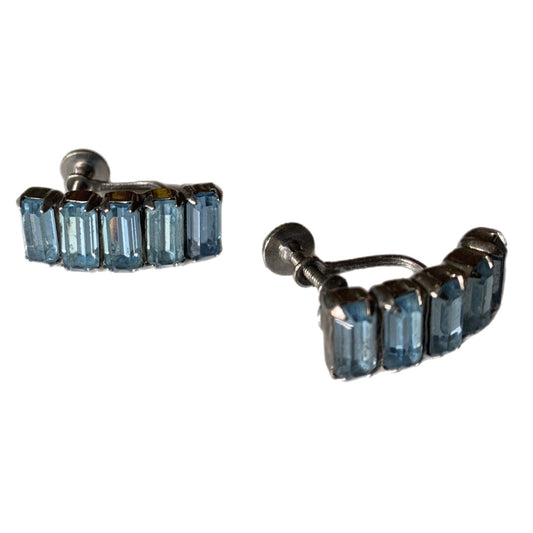 Sky Blue Curved Rhinestone Clip Earrings circa 1950s