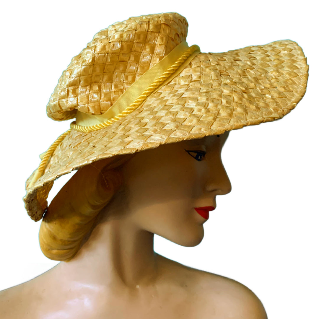 Sunshine Yellow Raffia Hat with Wide Brim circa 1970s