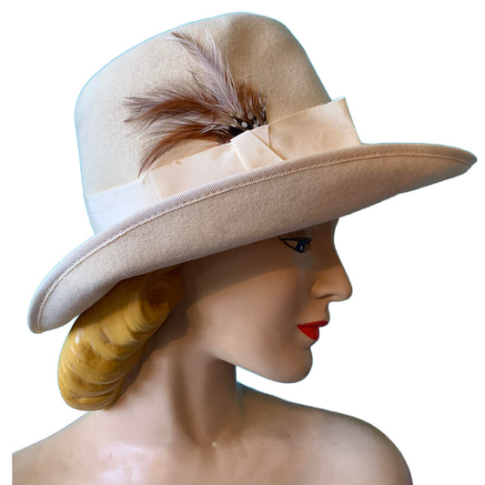 Warm Ivory Felted Wool Fedora Style Hat with Feather circa 1980s