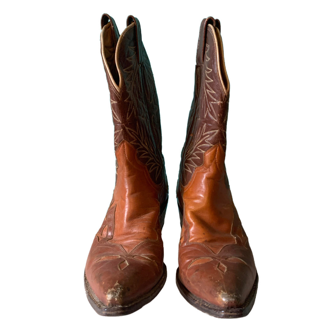 Westex Top Stitched Cognac and Brown Leather Calf High Western Boots circa 1960s