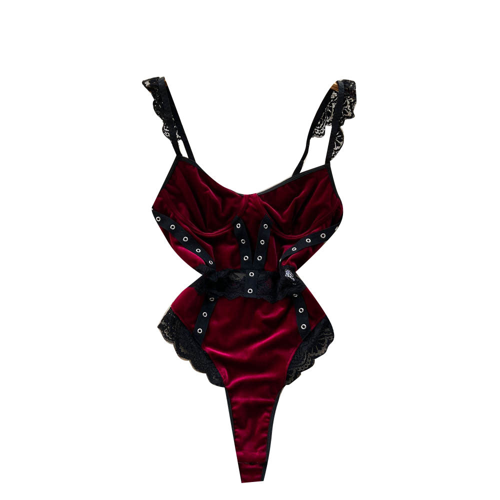 Dame- the Deep Red Velvet Bodysuit with Black Lace