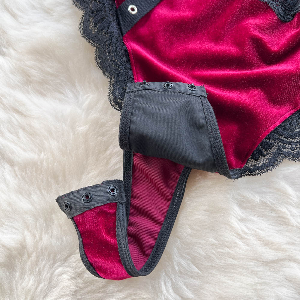 Dame- the Deep Red Velvet Bodysuit with Black Lace