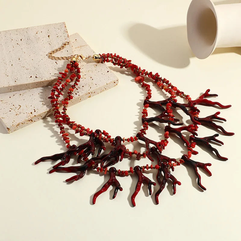 Reefer- the Coral Branch Beaded Triple Strand Acrylic Necklace 6 Colors