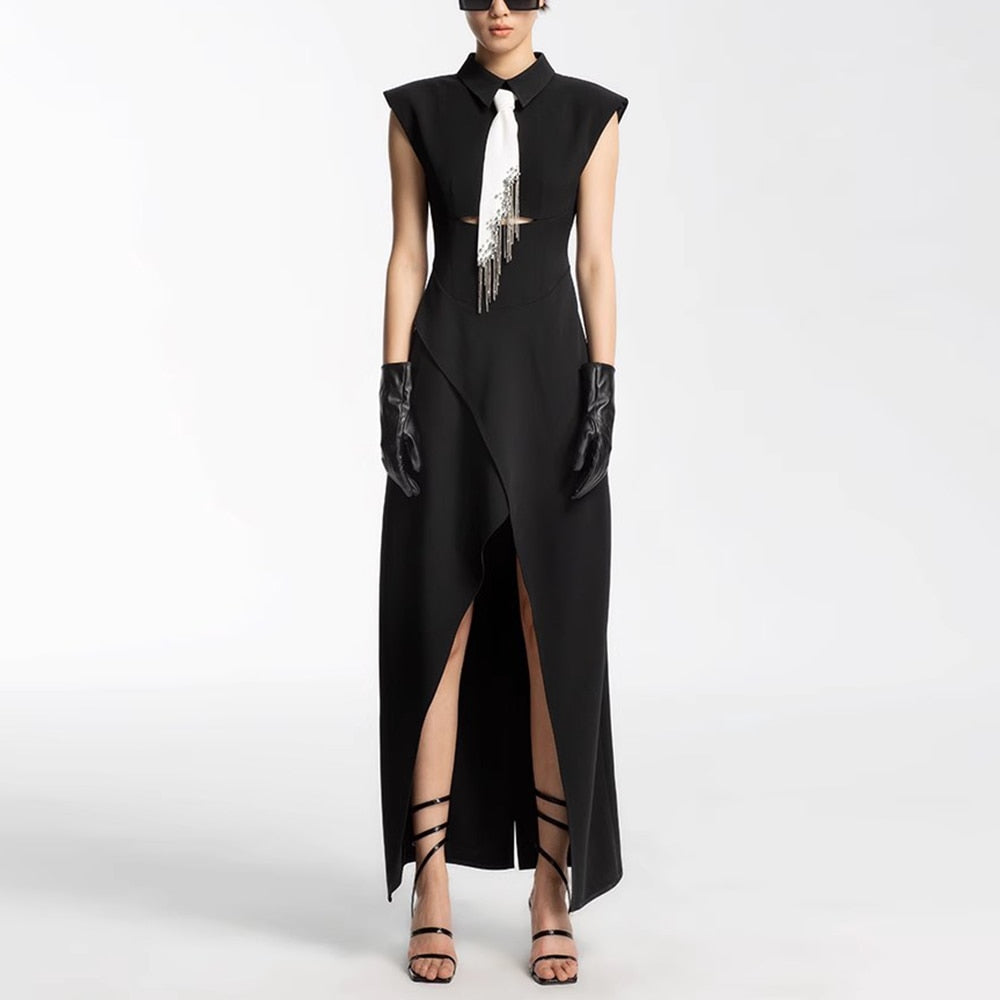 Sparks- the Beaded Necktie Black and White New Wave Dress