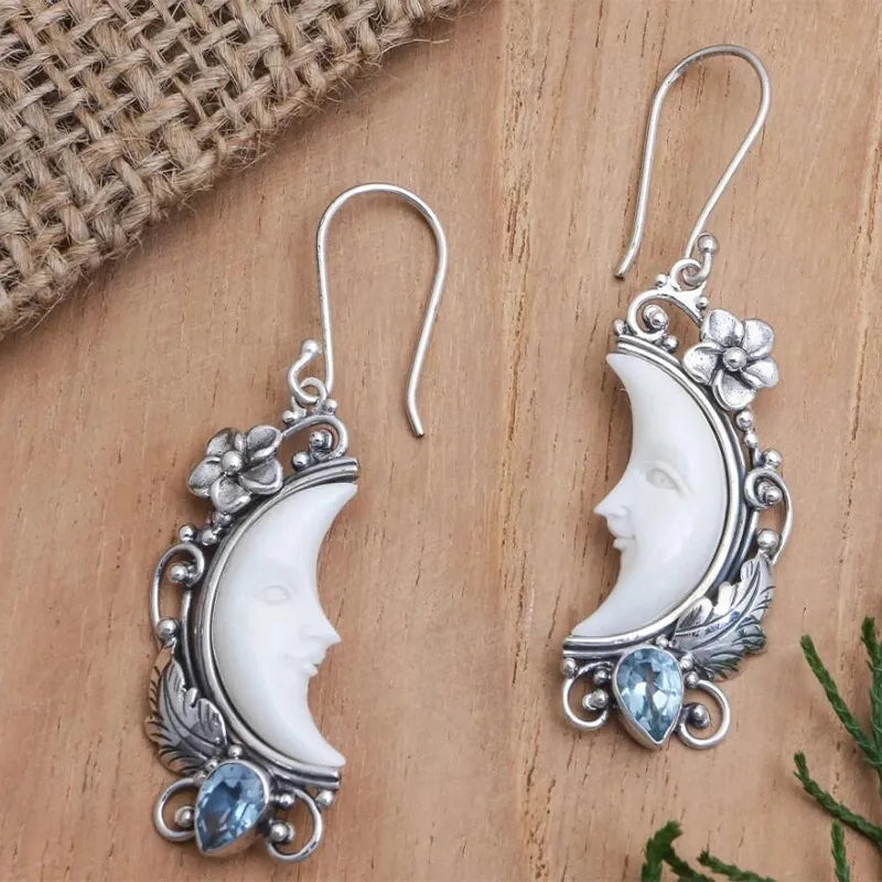 Crescent- the Man in the Moon Crescent Shaped Dangle Earrings Red or Blue Stones