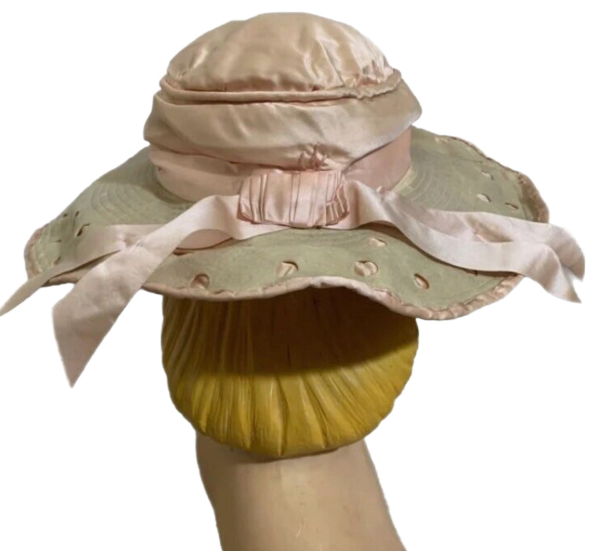 Pink Silk and Grey Wool Cutwork Polka Dot Brim Hat circa 1910s
