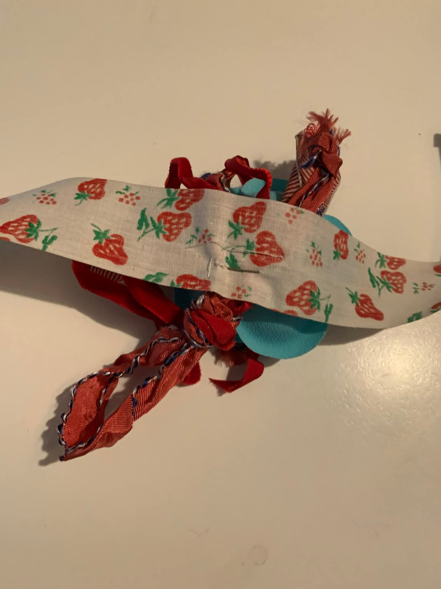 Farmer's Daughter Reimagined Vintage Strawberry Ribbon Choker Necklace w/ Blue Flower Lots of Ribbon Trim
