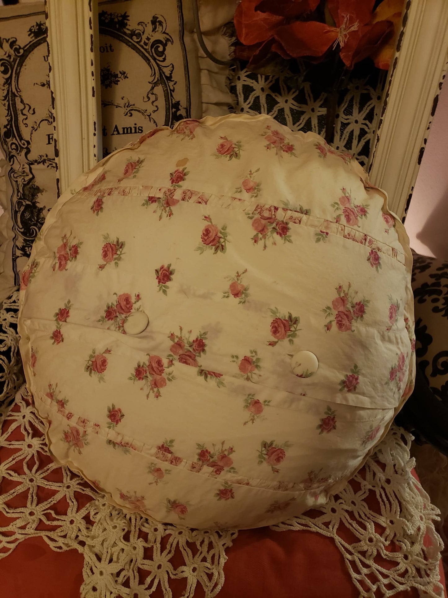 Pretty Pink Rose Print Round Pillow