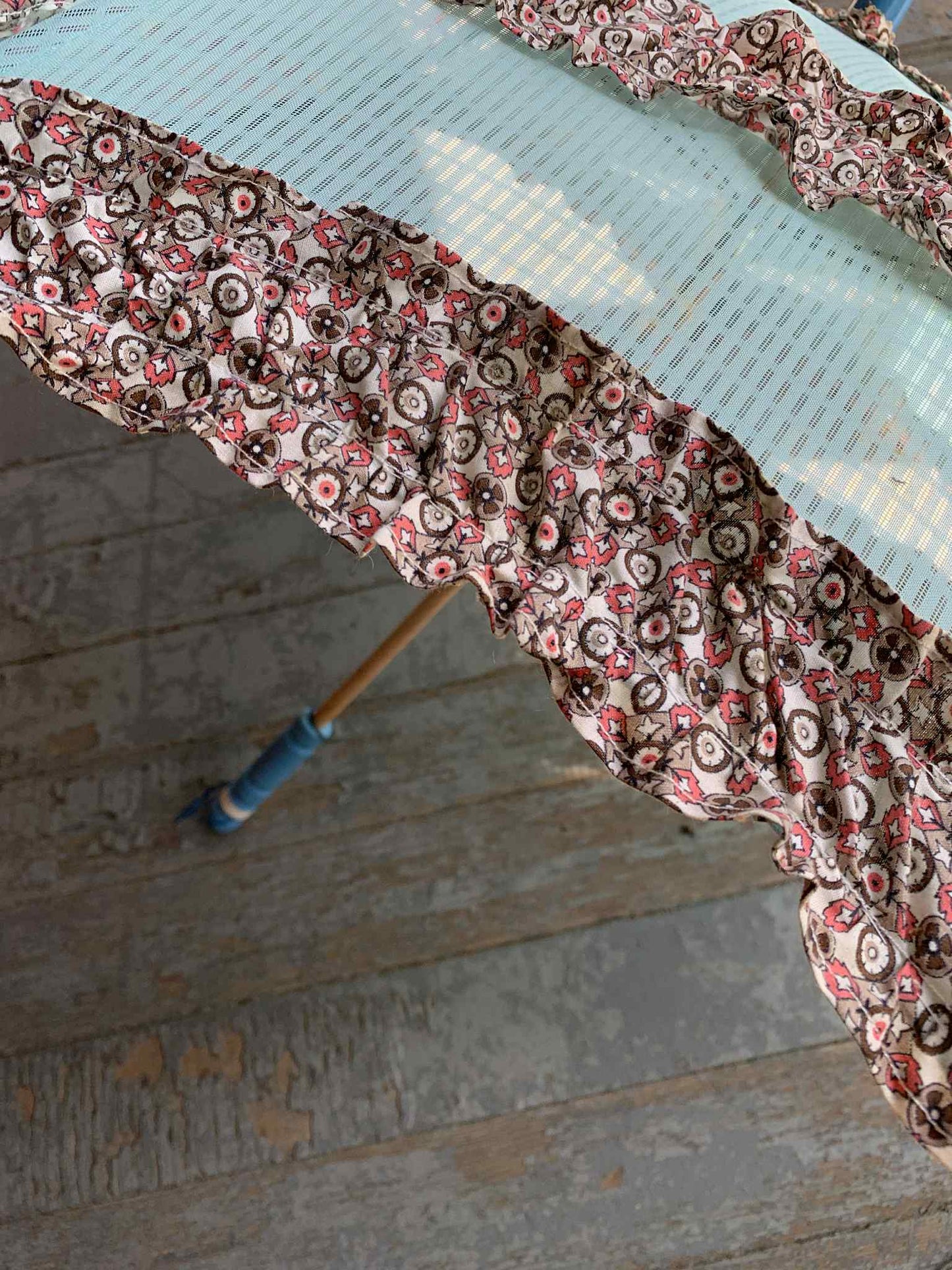 Pastel Painted Baby Blue Mini Parasol with Floral Design and Ruffles circa 1950s