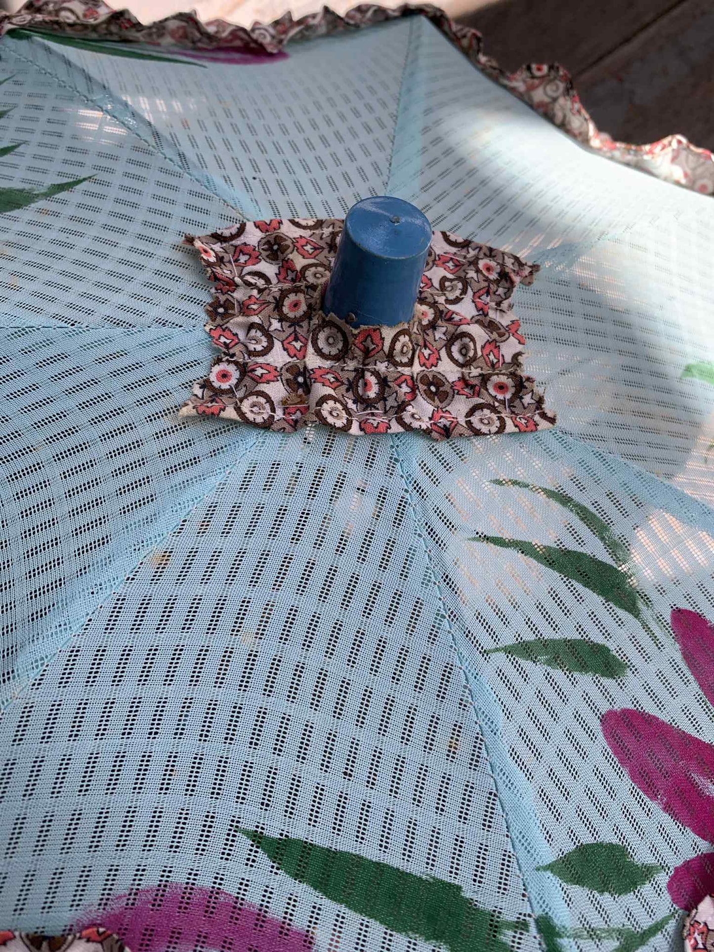 Pastel Painted Baby Blue Mini Parasol with Floral Design and Ruffles circa 1950s