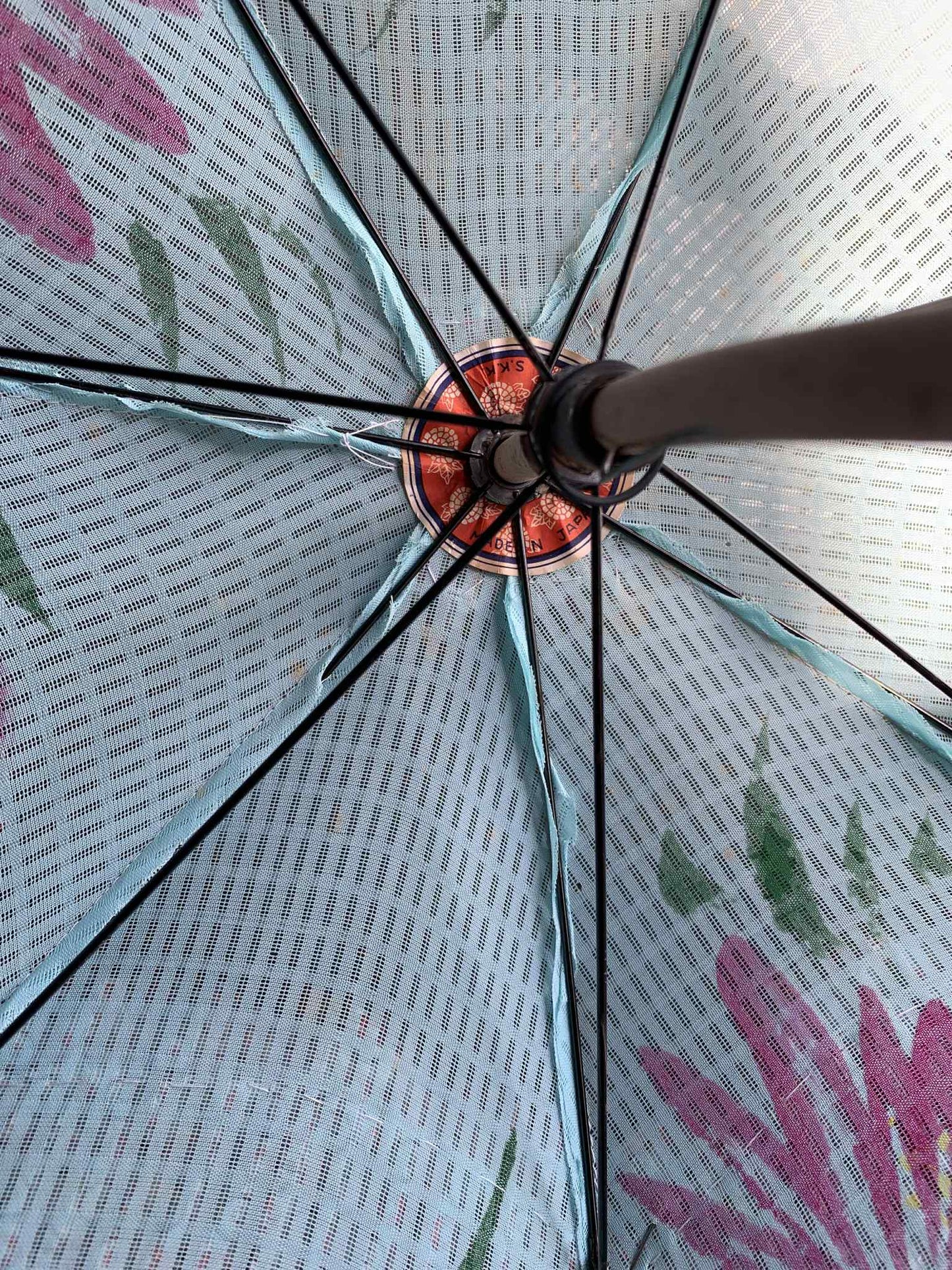 Pastel Painted Baby Blue Mini Parasol with Floral Design and Ruffles circa 1950s