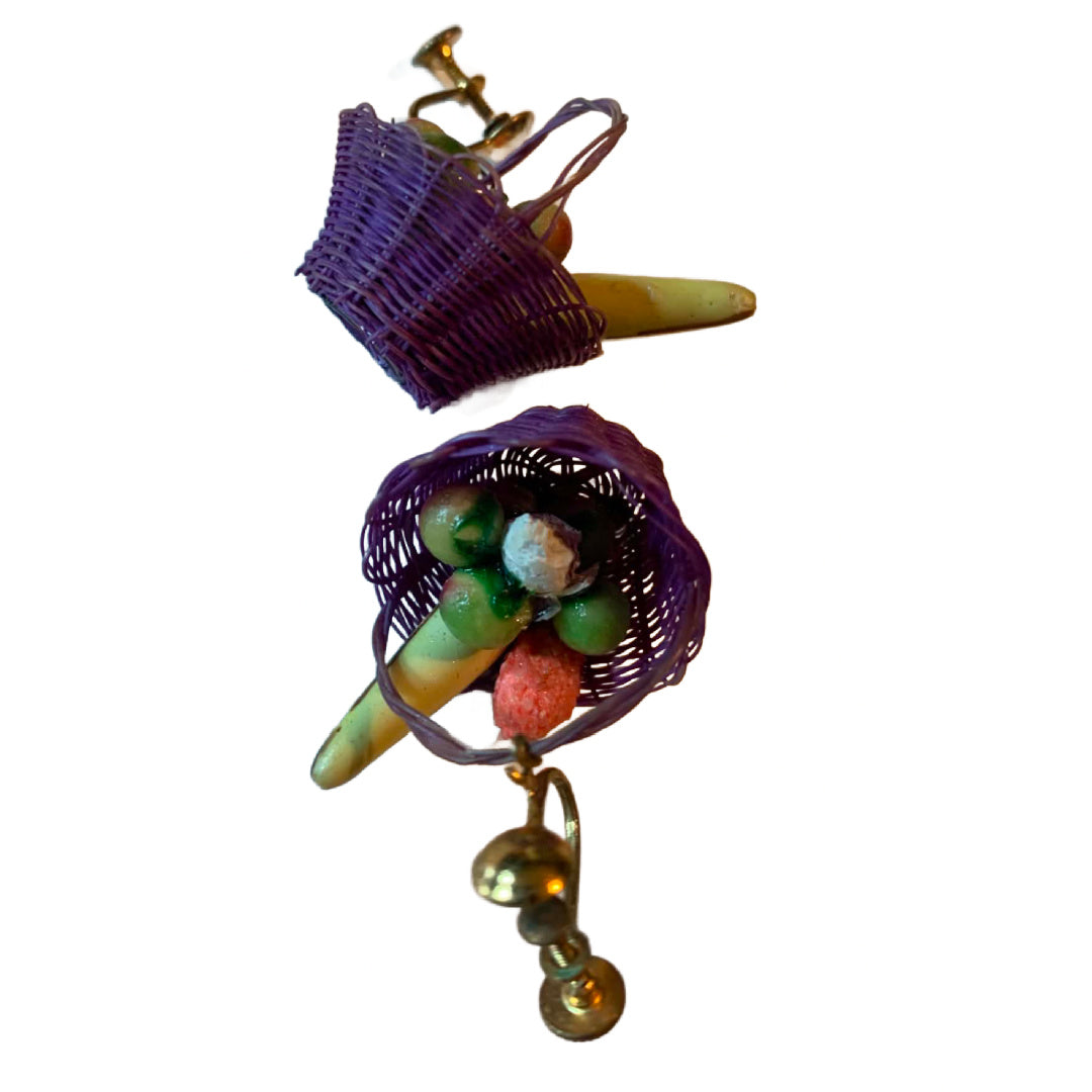 Purple Dangling Baskets of Fruit Earrings circa 1940s