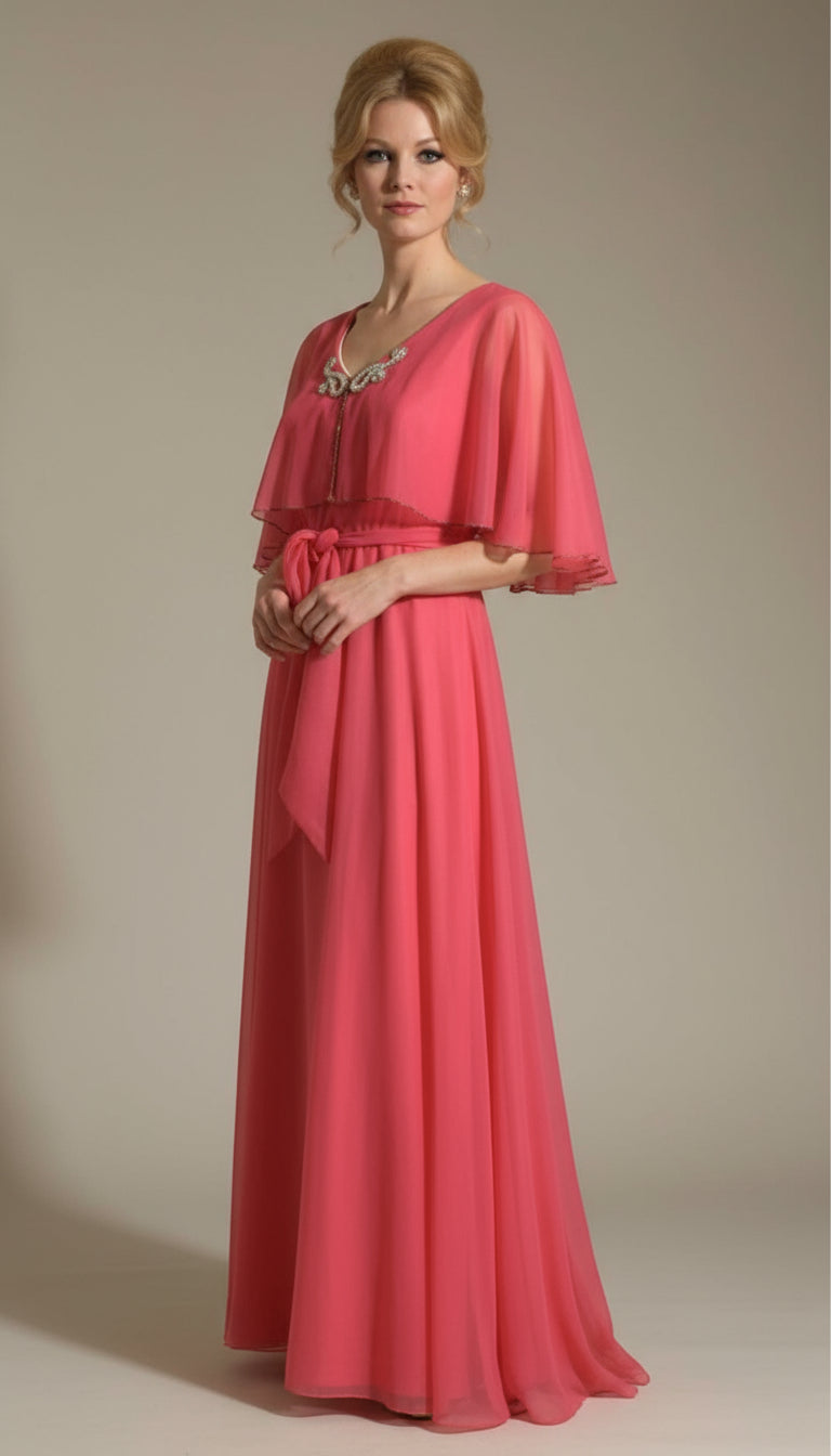 Shocking Pink Chiffon Caped Maxi Dress circa 1970s