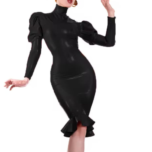 Gina- the Puff Sleeve Skin Tight Vinyl Dress