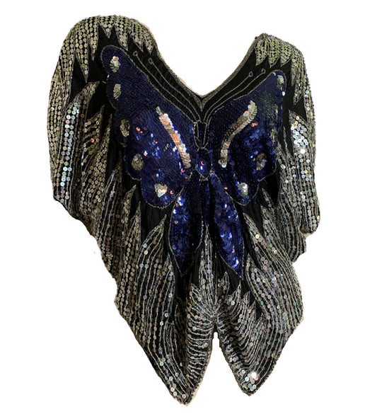Silver and Blue Disco Butterfly Sequined Silk Top circa 1970s