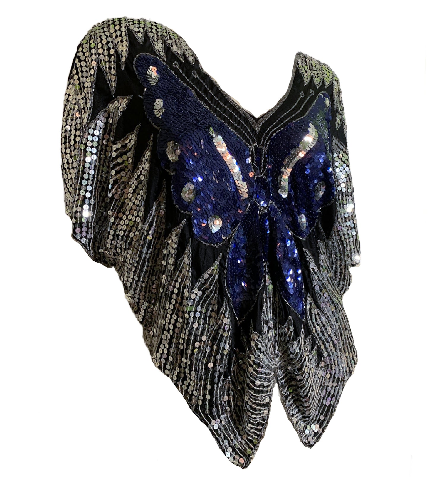 Silver and Blue Disco Butterfly Sequined Silk Top circa 1970s
