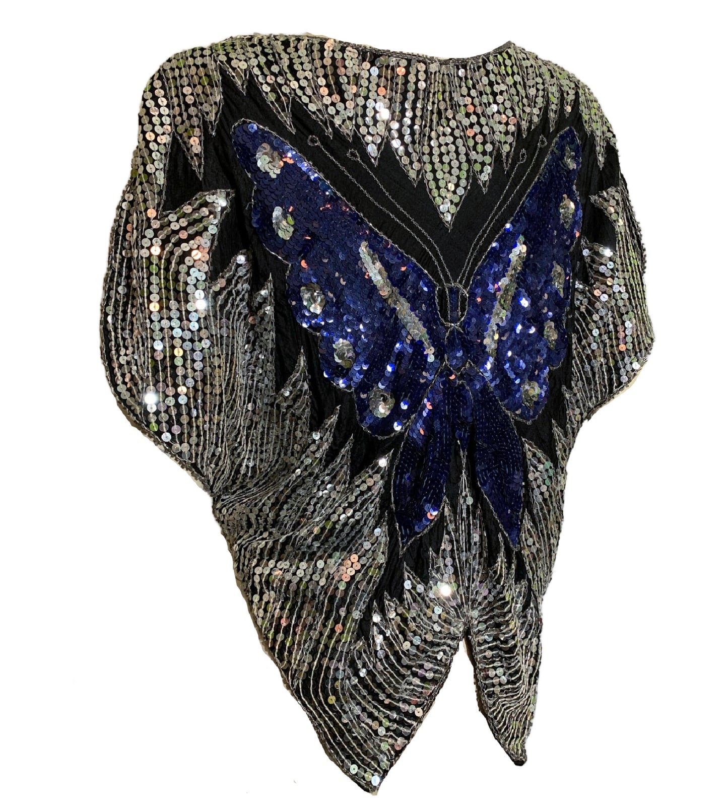Silver and Blue Disco Butterfly Sequined Silk Top circa 1970s