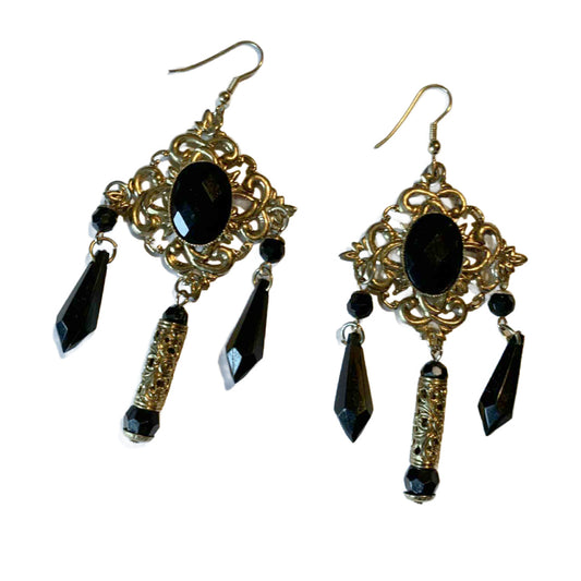 Statement Sized Black and Gold Chandelier Earrings circa 1980s