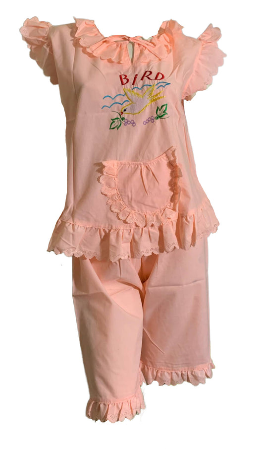Souvenir Style Bird Embroidered Peach Cotton 1930s Style Pajama Set circa 1980s