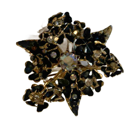 Enameled Metal Black Flower and Rhinestone Brooch circa 1960s