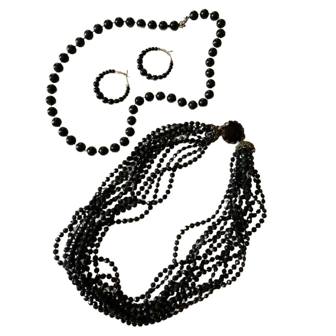 Lot 2 Black Beaded Necklaces and Beaded Hoop Earrings circa 1960s