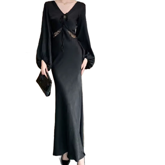 Morticia- the Balloon Sleeve Black Bias Cut Satin Dress