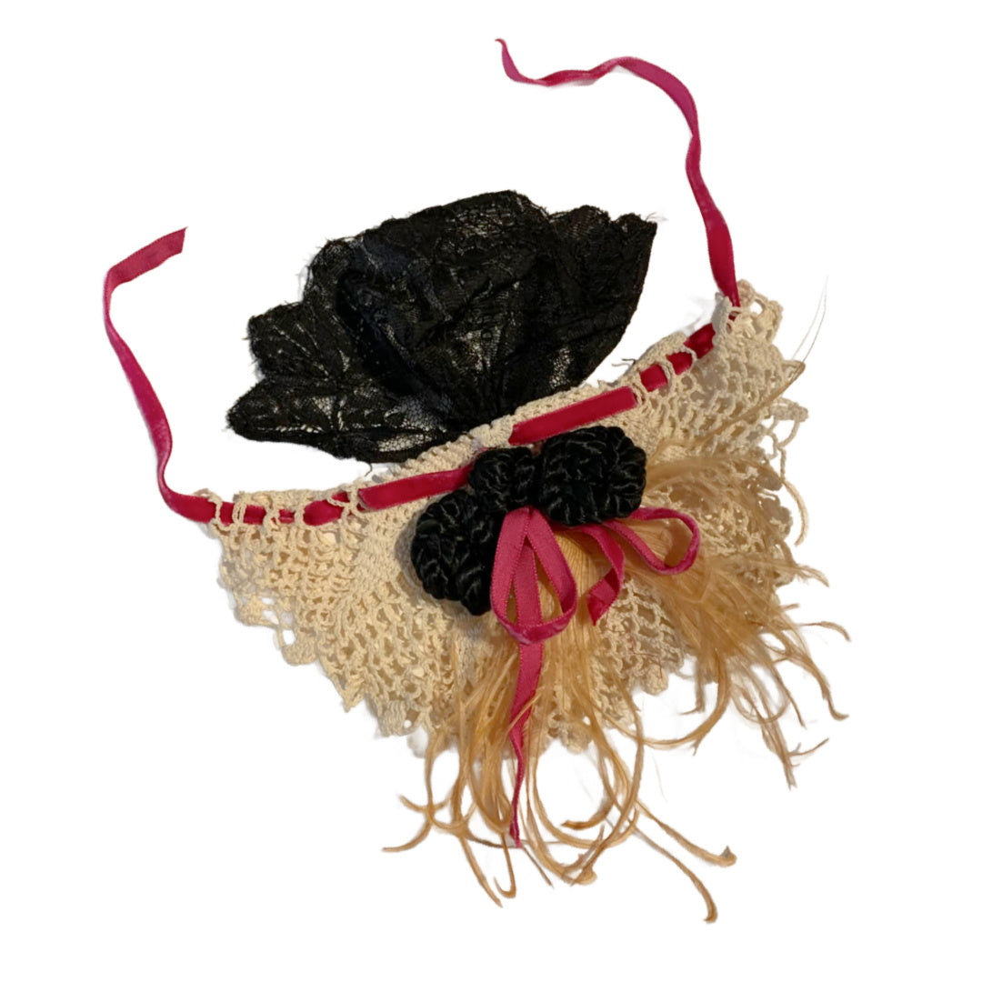 PinkBlack Reimagined Crocheted Lace as Wrist Cuff with Black Lace, Pink Ribbons and Feathers