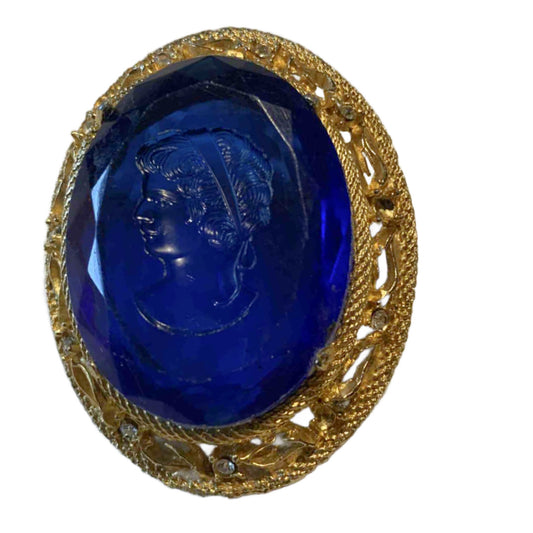 Cobalt Blue Carved Lucite Cameo Inspired HUGE Brooch circa 1960s