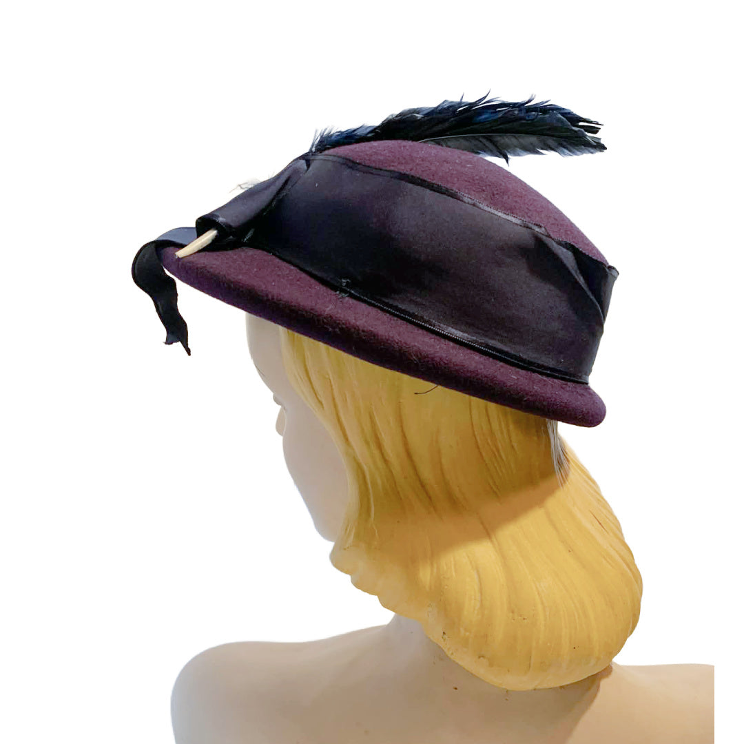 Deep Blue Felted Wool Mini Boater Hat with Polka Dot Feather circa 1940s