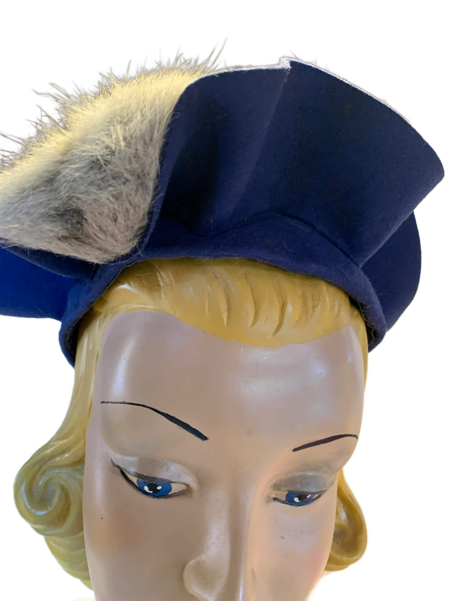 Marine Blue Felted Wool Hat with Fur Trim circa 1940s