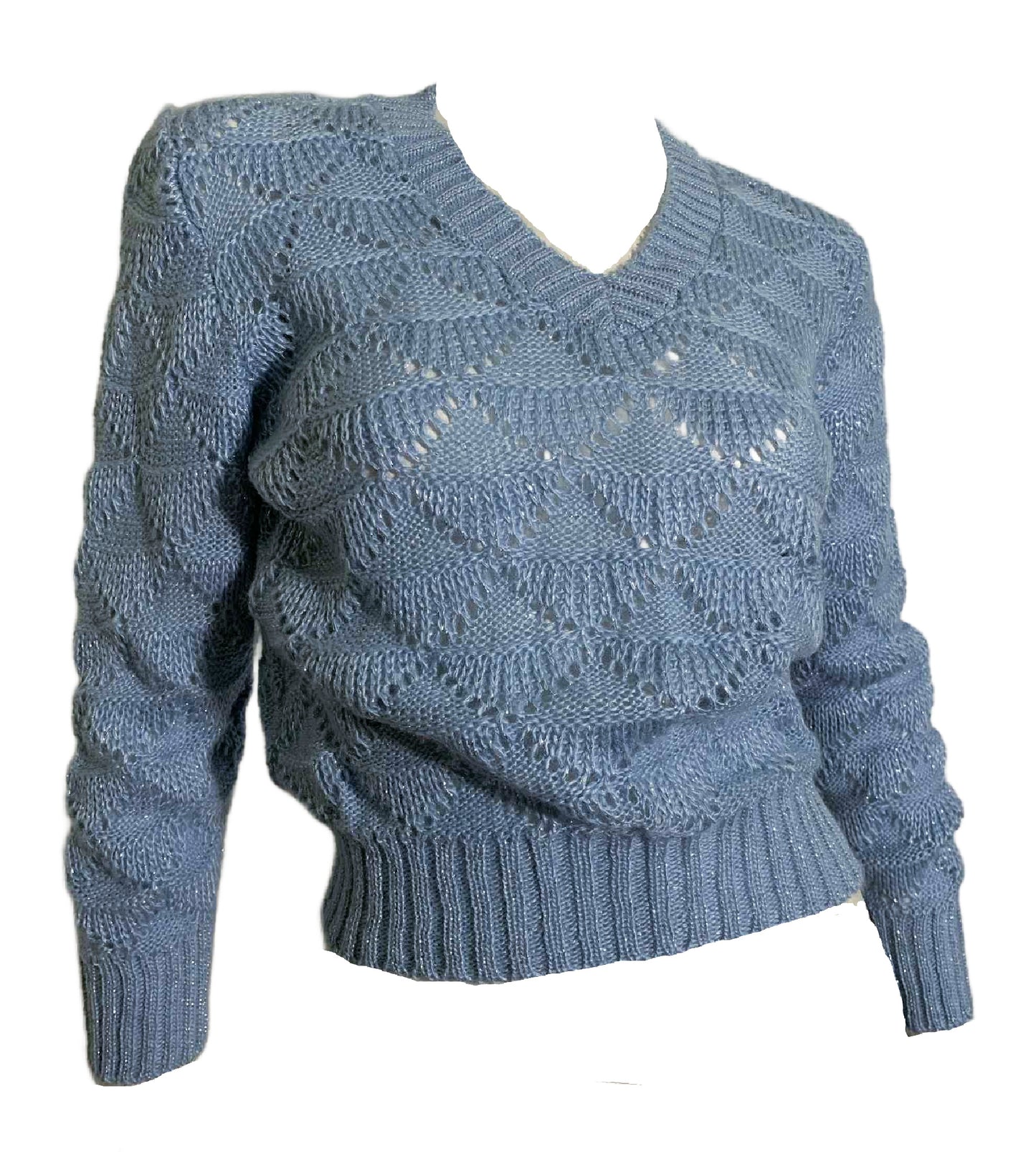 Sky Blue V Neck Sweater with Silver Metallic Threads circa 1970s