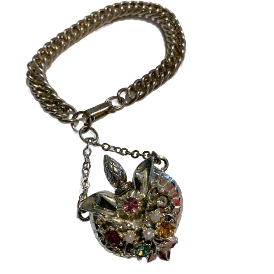Colored Rhinestone Accented Perfume Bottle Charm on Chain Bracelet circa 1950s
