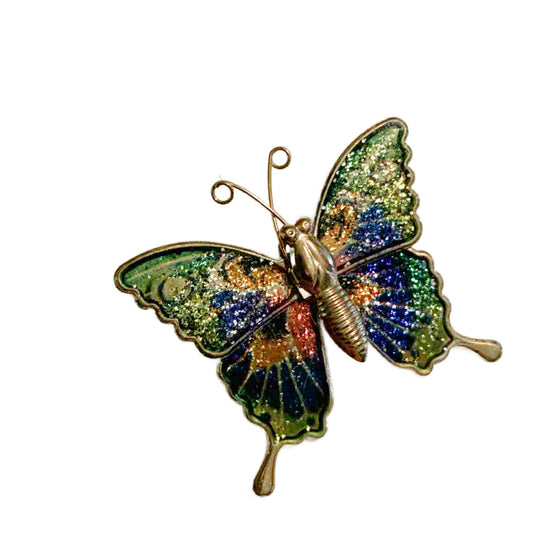 Glittery Enameled Green and Blue Butterfly Brooch circa 1960s